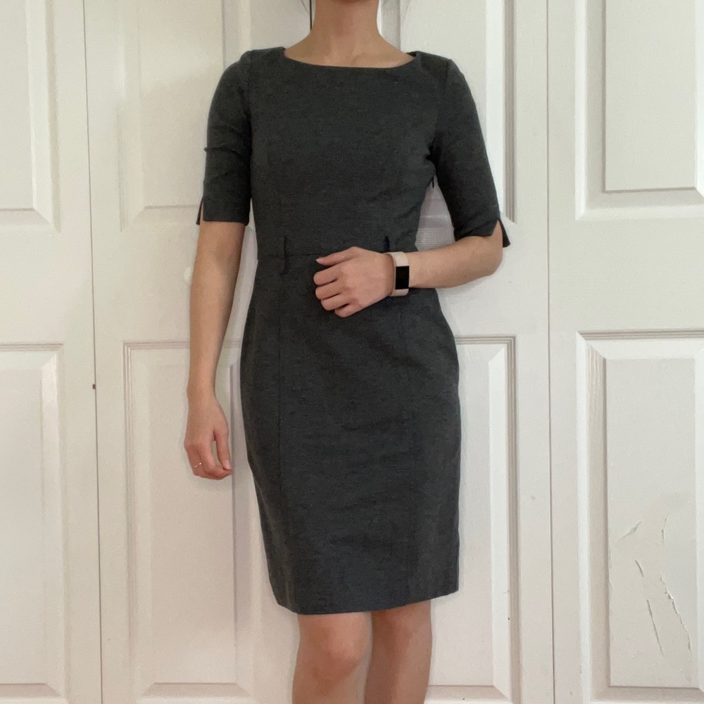 Flattering grey work dress with cut sleeve detailing